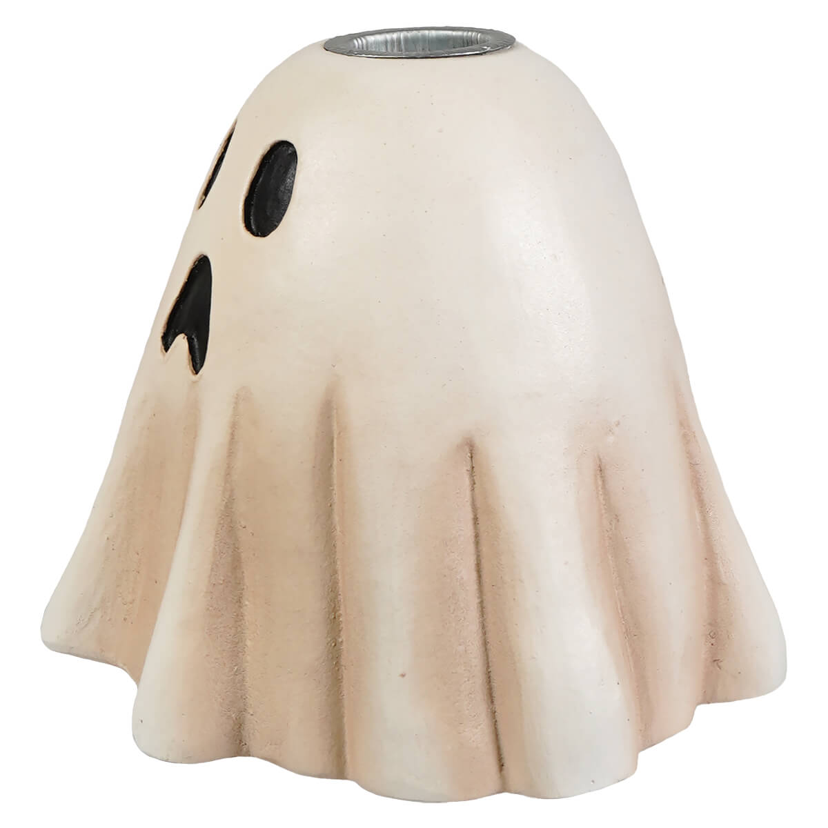 Cream-colored scared ghost candlestick with black eye cutouts and metallic silver rim halloween ghost figures decor