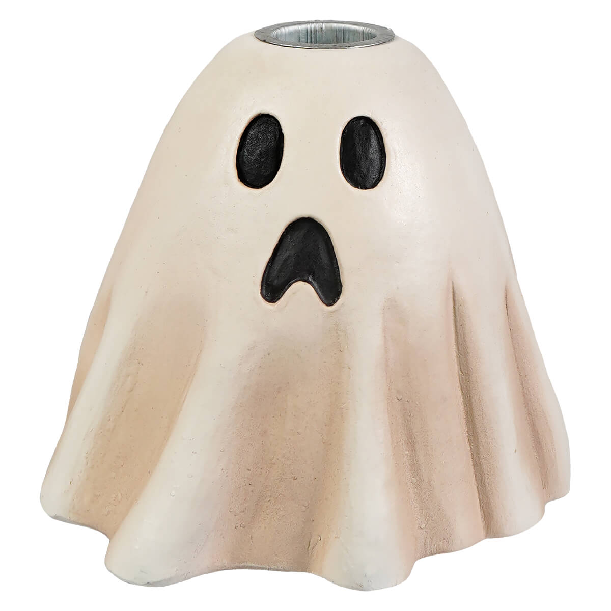 Cream-colored scared ghost candlestick with black face and metallic rim perfect for halloween ghost figures decor and ornaments