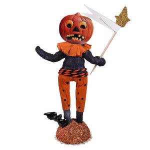 Scared pumpkin figure handcrafted folk art paper mache pumpkin head with black polka-dot pants holding white flag