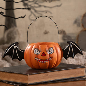 Orange pumpkin-shaped halloween jack bucket with black bat wings and wire handle for halloween buckets and lanterns