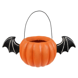 Orange pumpkin-shaped halloween jack bucket with black bat wings and wire handle for halloween buckets and lanterns