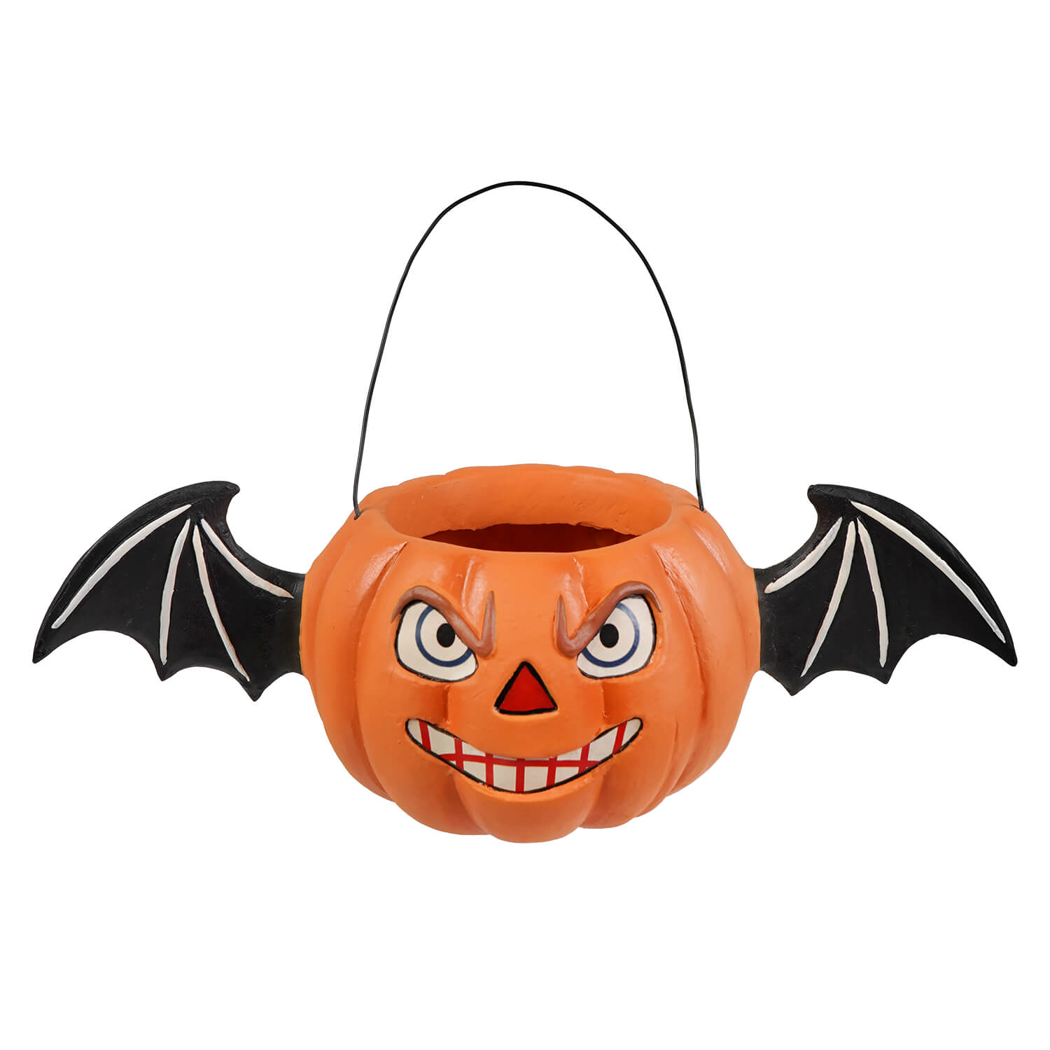 Orange jack bucket shaped like a pumpkin with black bat wings and a smiling face for halloween buckets and lanterns