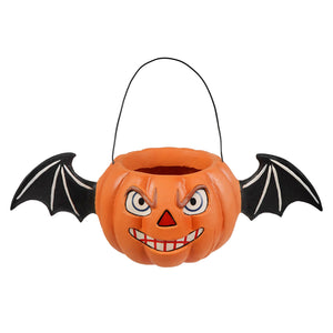Orange jack bucket shaped like a pumpkin with black bat wings and a smiling face for halloween buckets and lanterns