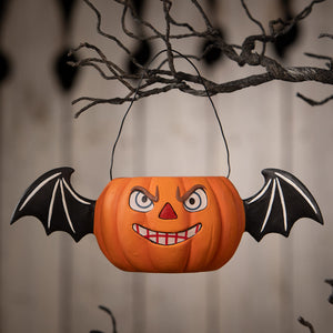 Orange pumpkin-shaped halloween jack bucket with black bat wings and grinning face for halloween pumpkins and gourds