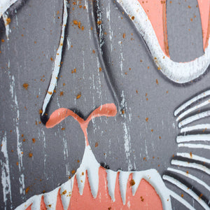 Gray and coral scary cat face wall decor with white distressed outlines for unique cat face wall art