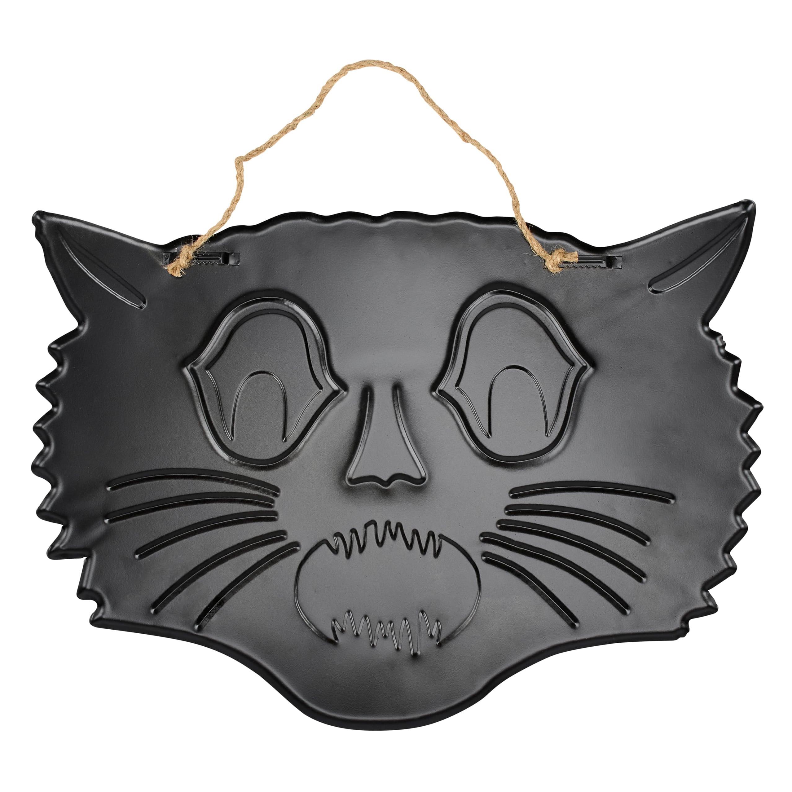 Black metal scary cat face wall decor with embossed features and natural twine loop hanging decoration