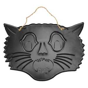 Black metal scary cat face wall decor with embossed features and natural twine loop hanging decoration