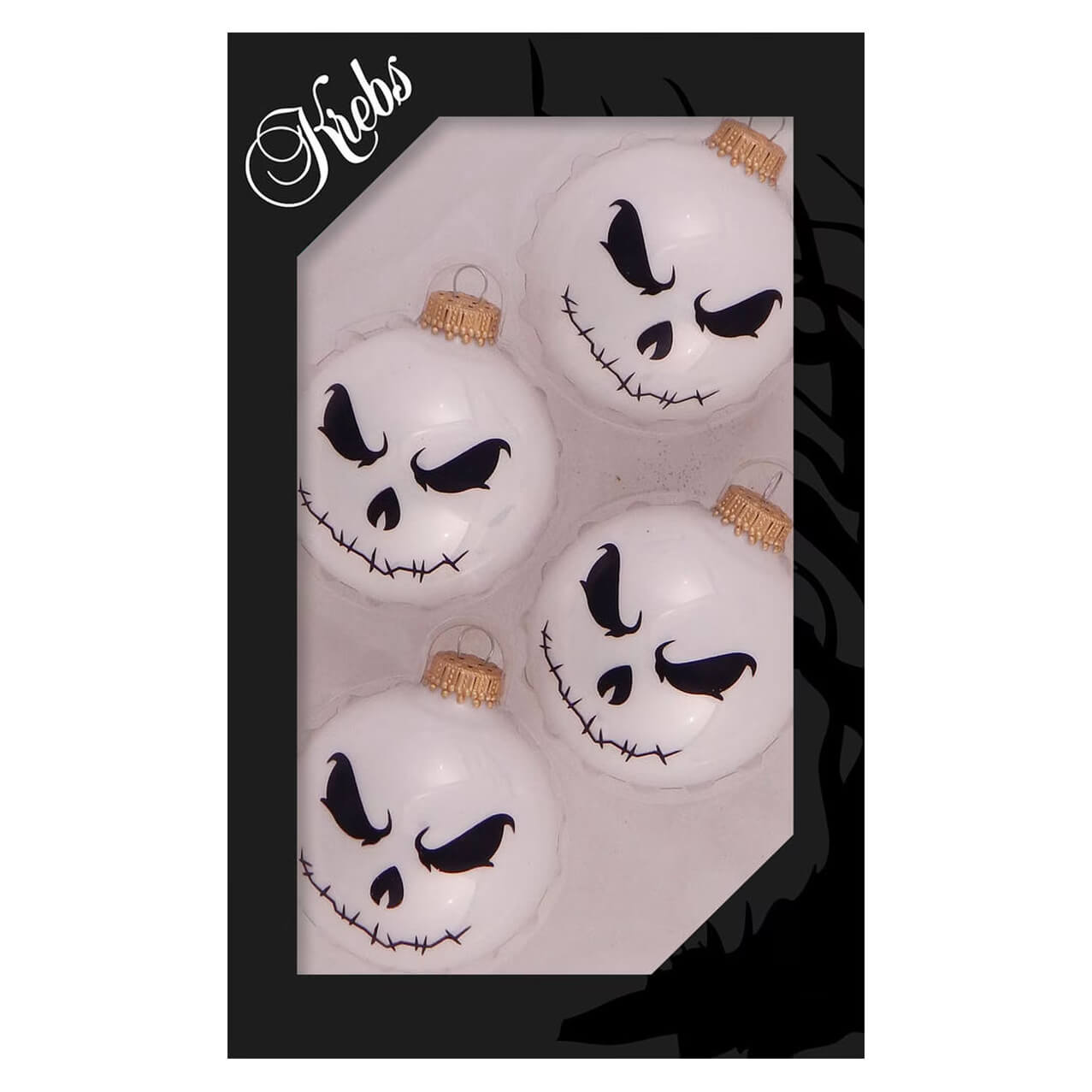 Four scary face porcelain white ball halloween glass ornaments featuring jack skellington faces set of 4