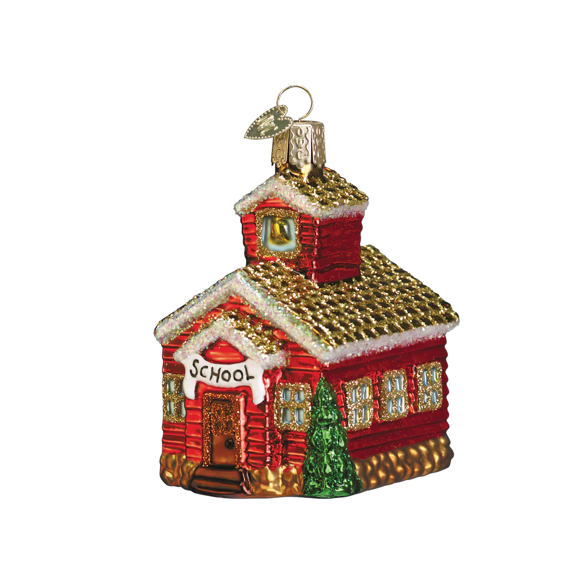 Red glass school house ornament with gold glitter roof trim and green tree figural decor perfect for holiday display
