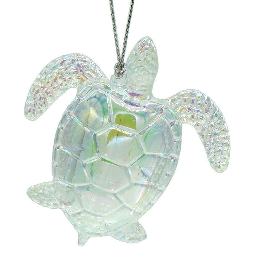 Iridescent glass sea turtle ornament with textured faceted shell and flippers perfect for sparkle scallop shell decor