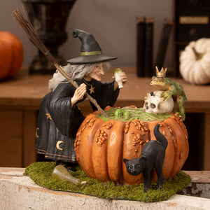 Orange pumpkin-shaped cauldron with green bubbling liquid and black cat for halloween witches prince potion fun
