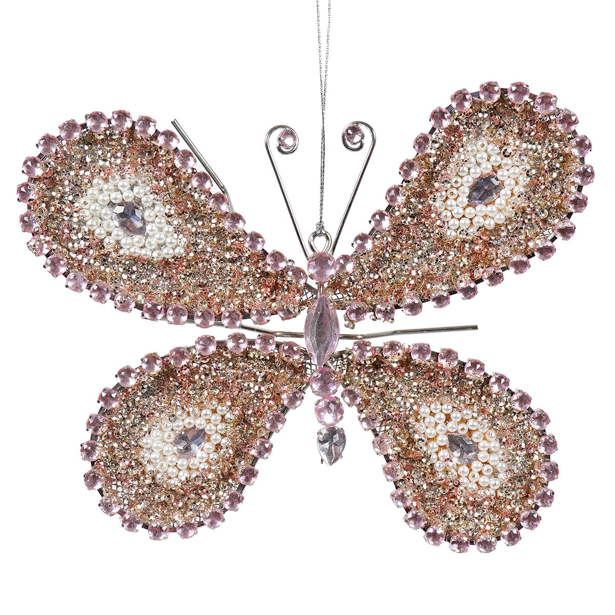 Sequins Jewels & Beads Pink & Cream Butterfly Ornament - Ornaments