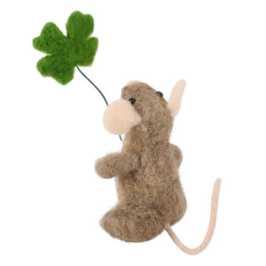 A brown felt shamrock mouse critter holding a green four-leaf clover perfect for st patricks day decor