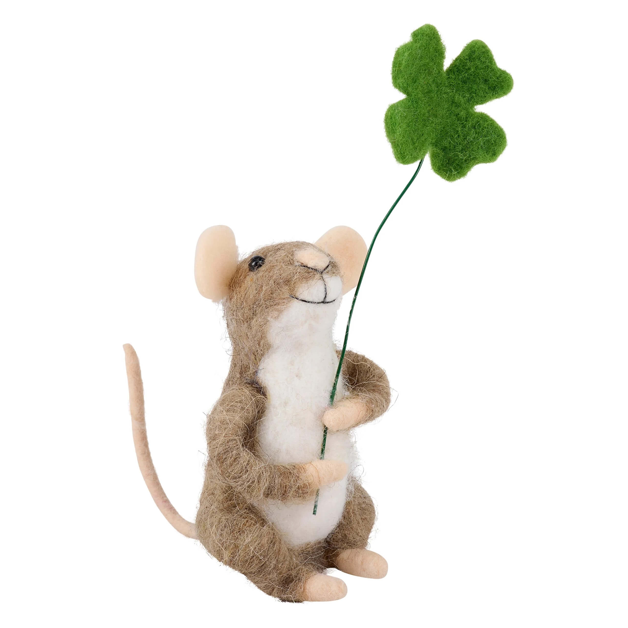 A charming brown and white felt shamrock mouse critter holding a green four-leaf clover on a thin stem