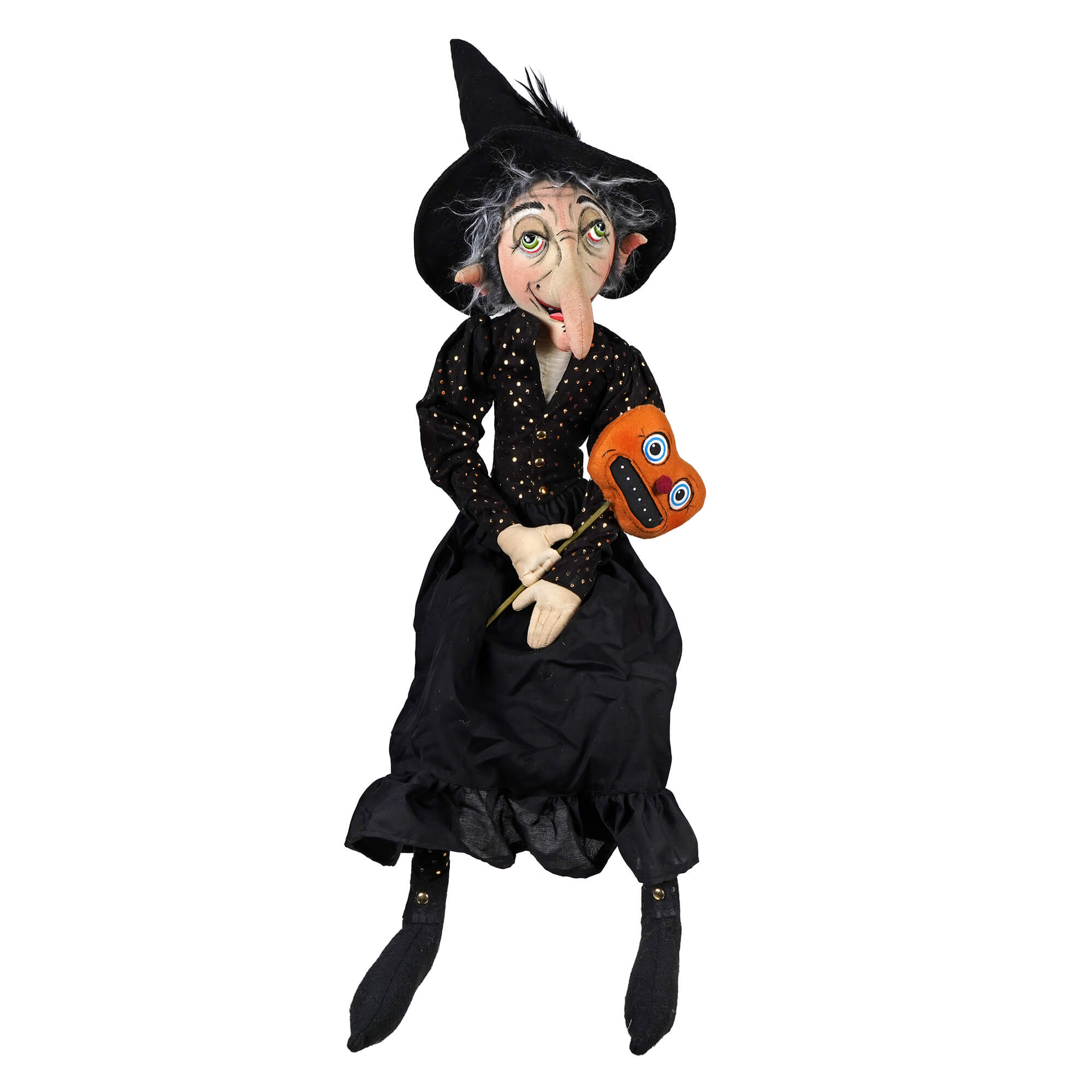 Shasta joe spencer halloween dolls and decor featuring a black witch doll with a star dress and pumpkin mask