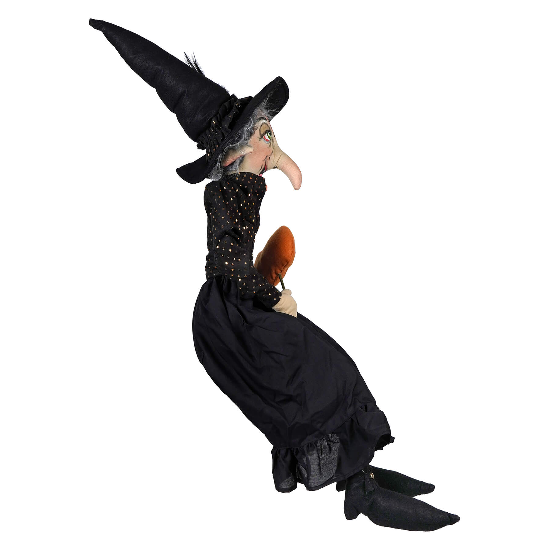 Black witch figurine shasta with tall pointed hat long nose and polka dotted dress for joe spencer halloween dolls decor