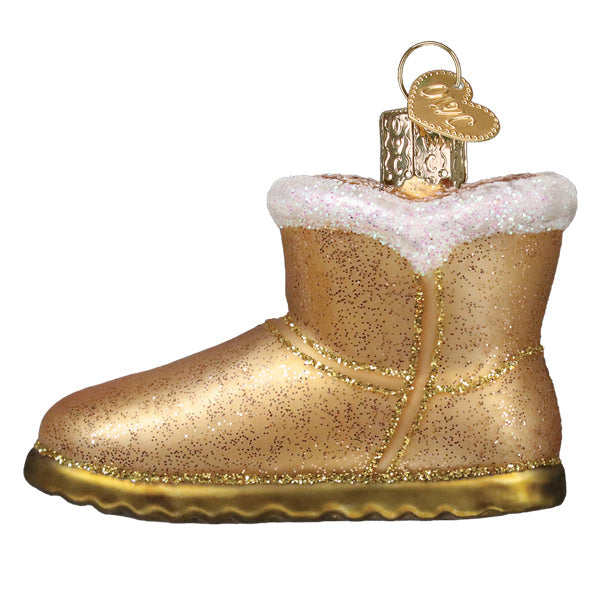 Gold glittery sheepskin boot ornament with white faux fur trim and heart tag perfect as santa boot ornament or figural decor