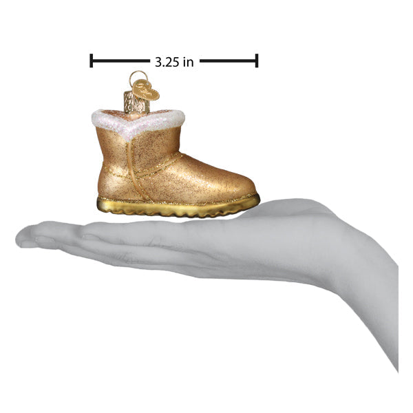 Gold glittery sheepskin boot ornament with white faux fur trim and hanging loop perfect santa boot ornament decor