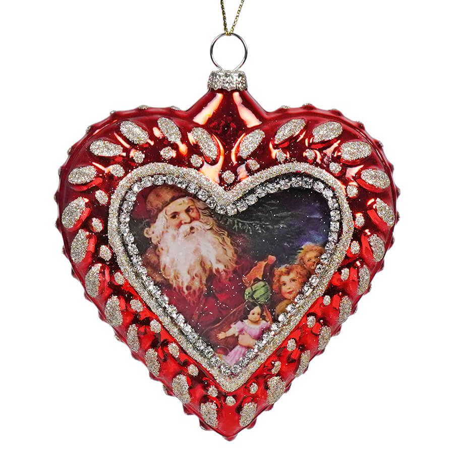 Shimmer Glass Heart Old World Santa Ornament - Ornaments