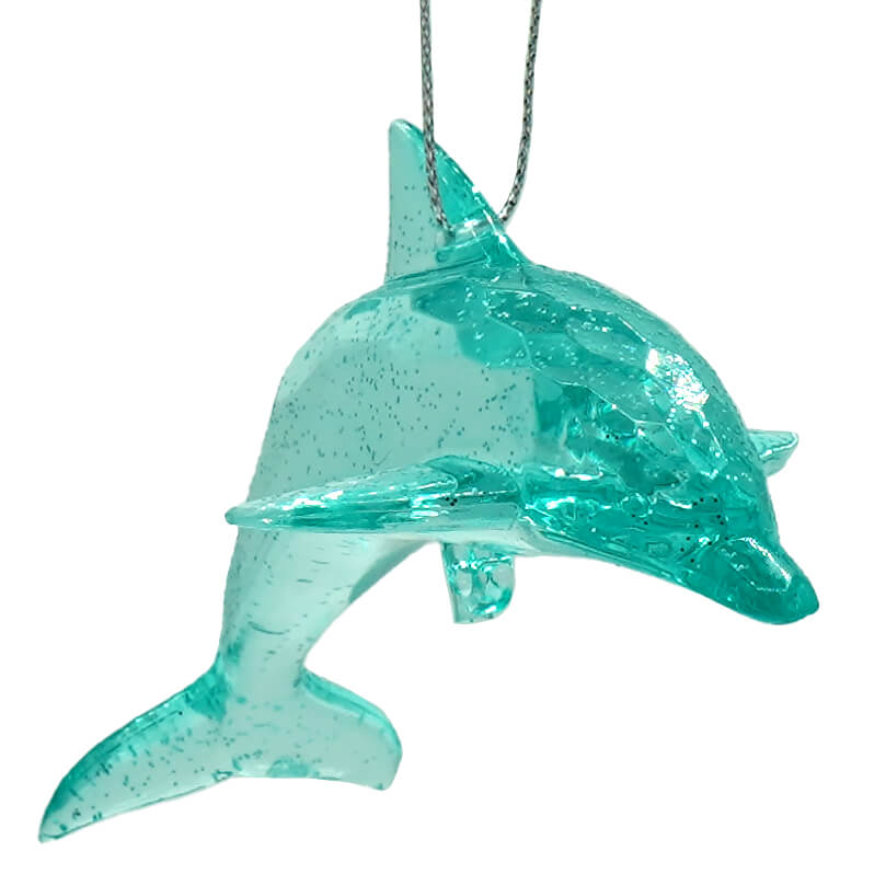 A shimmering dolphin ornament in translucent turquoise glass with sparkle scallop shell inspired speckles
