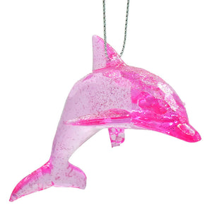 Shimmering dolphin ornament in translucent pink with glittery sparkle scallop shell design and silver hanging chain