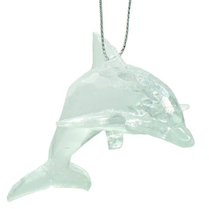 Shimmering dolphin ornament made of translucent frosted glass with silver chain perfect next to sparkle scallop shell decor