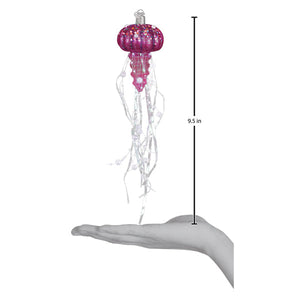 A sparkling pink glass shimmering jelly ornament with delicate translucent tentacles for fish and marine life ornaments