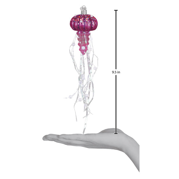 A sparkling pink glass shimmering jelly ornament with delicate translucent tentacles for fish and marine life ornaments