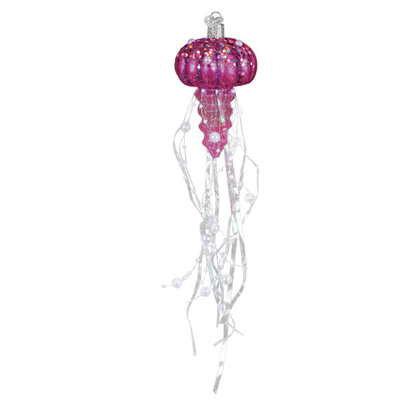 A sparkling pink glass jellyfish ornament with glittery details and delicate white ribbon tentacles.