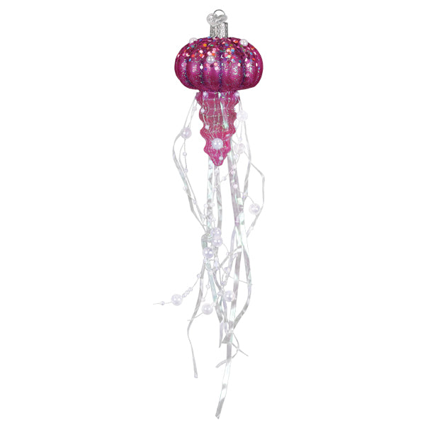 A sparkling pink shimmering jelly ornament with glittery texture and pearl-adorned white ribbon tendrils for animal ornaments