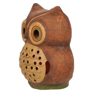 Terracotta shining bright owl garden lantern with hand-painted green orange yellow eyes and perforated beige chest
