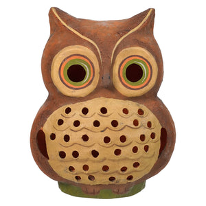 Brown ceramic shining bright owl lantern with green orange eye rings and perforated beige chest by bethany lowe design