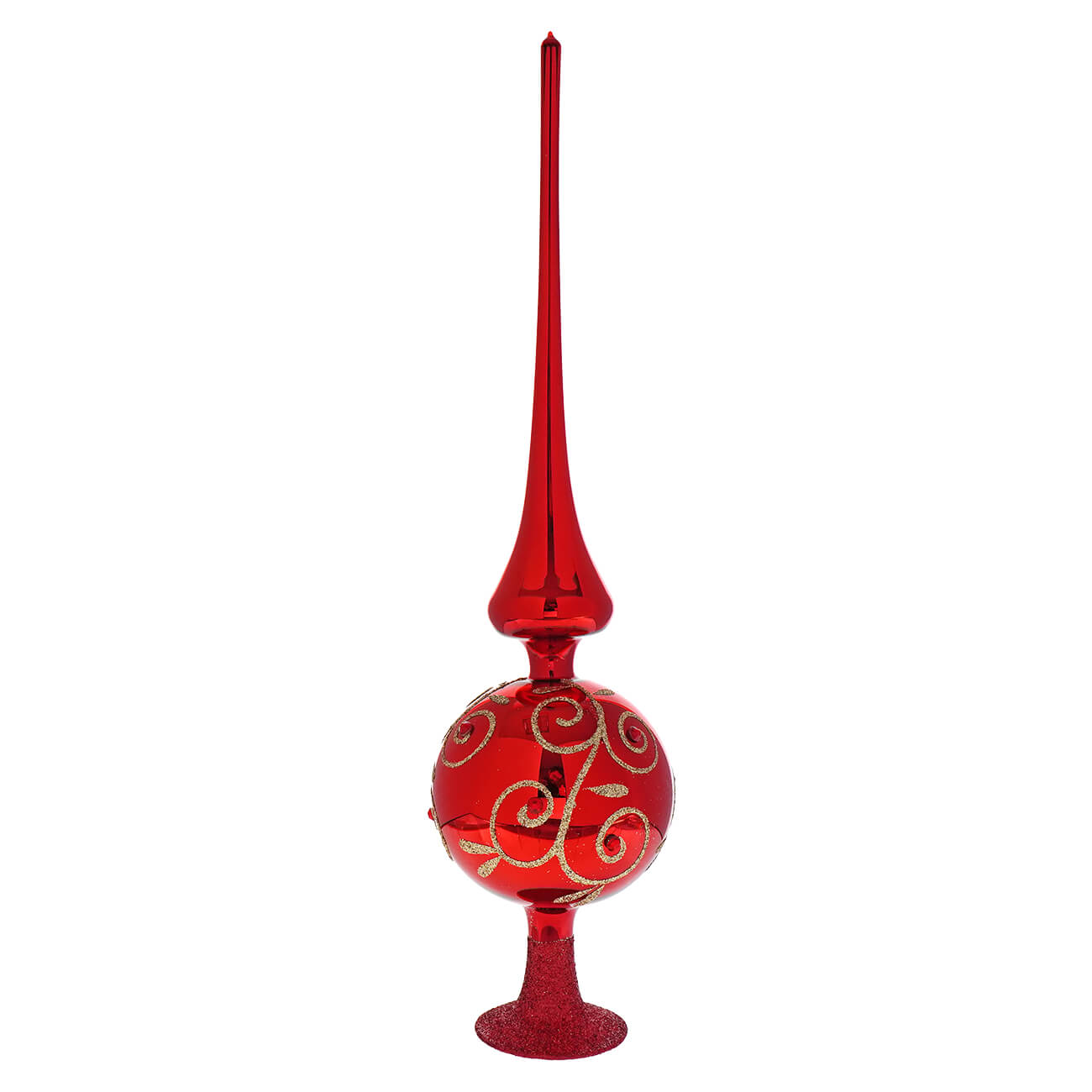 Shiny red radiant passion finial glass tree topper with gold swirls perfect for holiday tree decoration