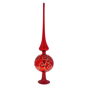 Shiny red radiant passion finial glass tree topper with gold swirls perfect for holiday tree decoration
