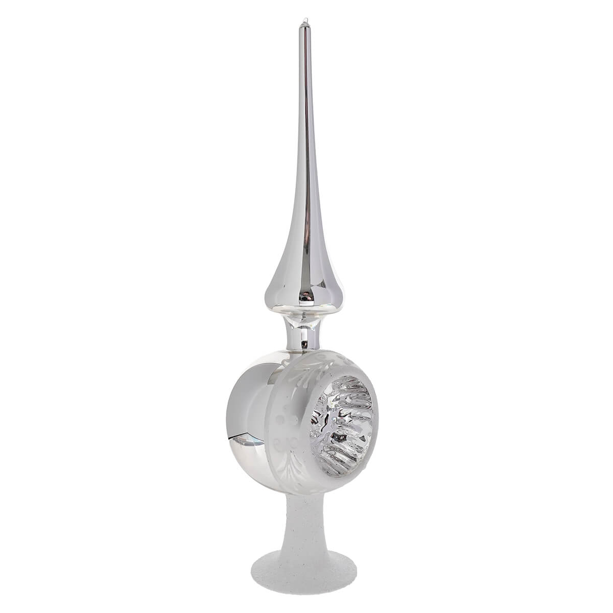 Shiny silver reflector finial tree topper with chrome finish, pointed spire, decorative globe base, and white glitter accents