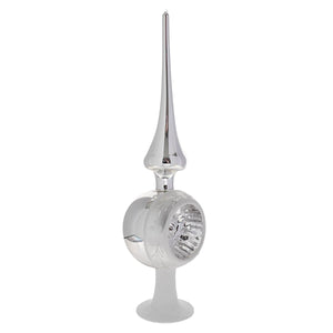Shiny silver reflector finial tree topper with chrome finish, pointed spire, decorative globe base, and white glitter accents