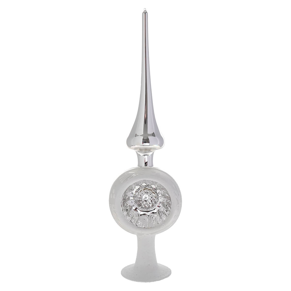 Shiny silver reflector finial tree topper with silver-tinted glass and white glitter for festive holiday decor