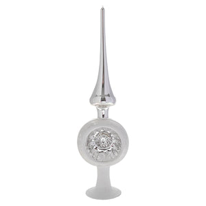 Shiny silver reflector finial tree topper with silver-tinted glass and white glitter for festive holiday decor