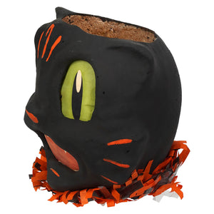 Black cat planter with green eyes orange whiskers red mouth and orange black fringed collar in vandolls shocked black cat lantern heirloom decor handmade