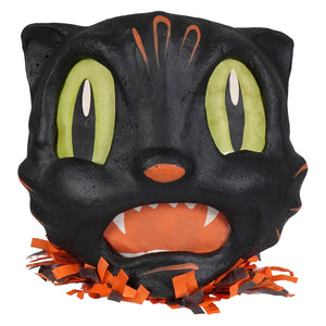 Shocked black cat lantern piñata with lime green eyes orange fringe handmade heirloom decor for halloween fun