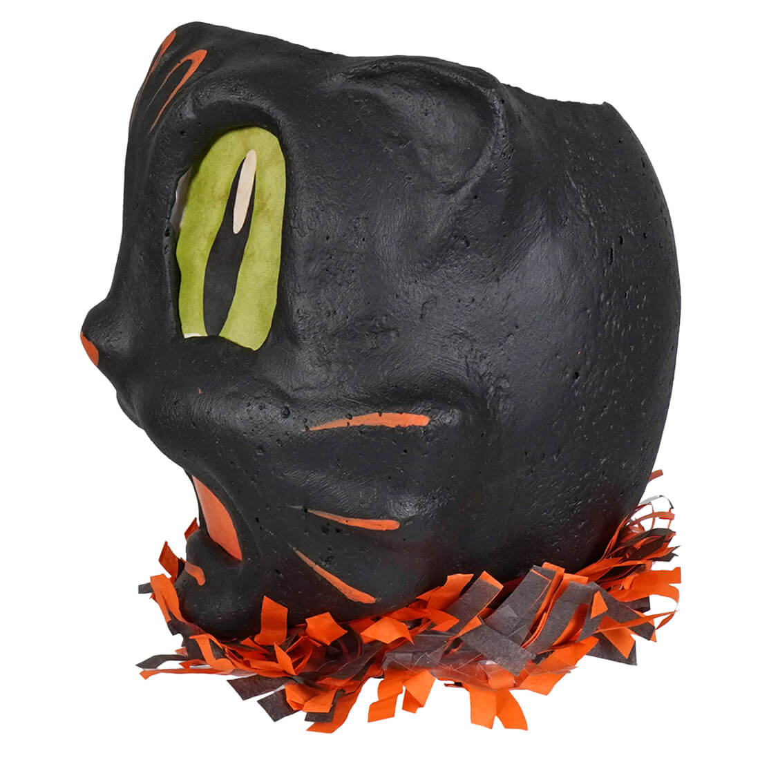 Shocked black cat lantern piñata with lime green eyes orange fringe handmade heirloom decor for halloween party