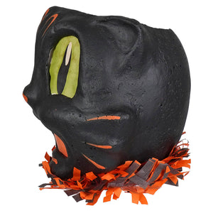 Shocked black cat lantern piñata with lime green eyes orange fringe handmade heirloom decor for halloween party