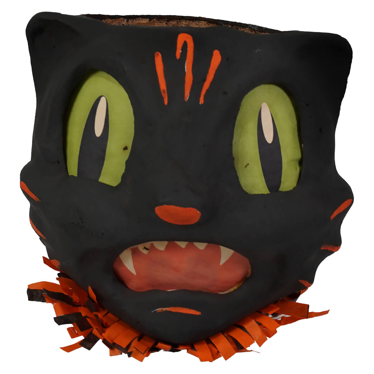 Vandolls folk art shocked black cat lantern planter with green eyes orange whiskers and fringed collar heirloom decor handmade