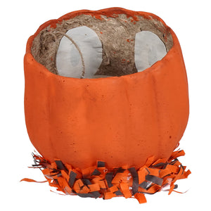 Orange shocked pumpkin lantern planter with textured paper mache exterior and fringed orange black trim heirloom decor handmade