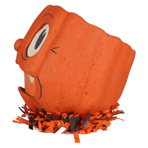 Shocked pumpkin lantern paper mache piñata with cartoon face orange textured surface and shredded paper trim heirloom decor handmade