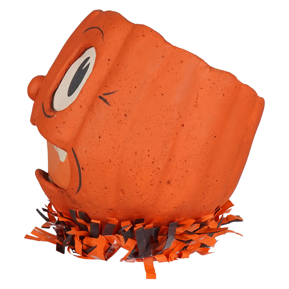 Shocked pumpkin lantern paper mache piñata with cartoon face orange textured surface and shredded paper trim heirloom decor handmade