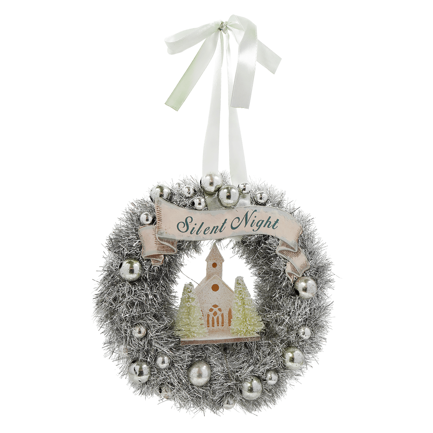 Silver tinsel wreath with silent night banner and metallic beads featuring miniature church ornament centerpiece