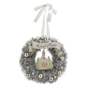 Silver tinsel wreath with silent night banner and metallic beads featuring miniature church ornament centerpiece