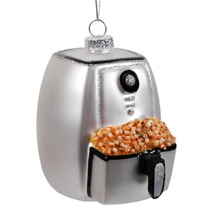 Silver and black glass air fryer ornament with silver glitter finish and sparkling beaded popcorn inside