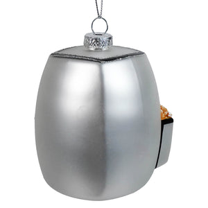 Silver frosted glass air fryer ornament with faceted metallic cap and silver glitter finish with glitter trim